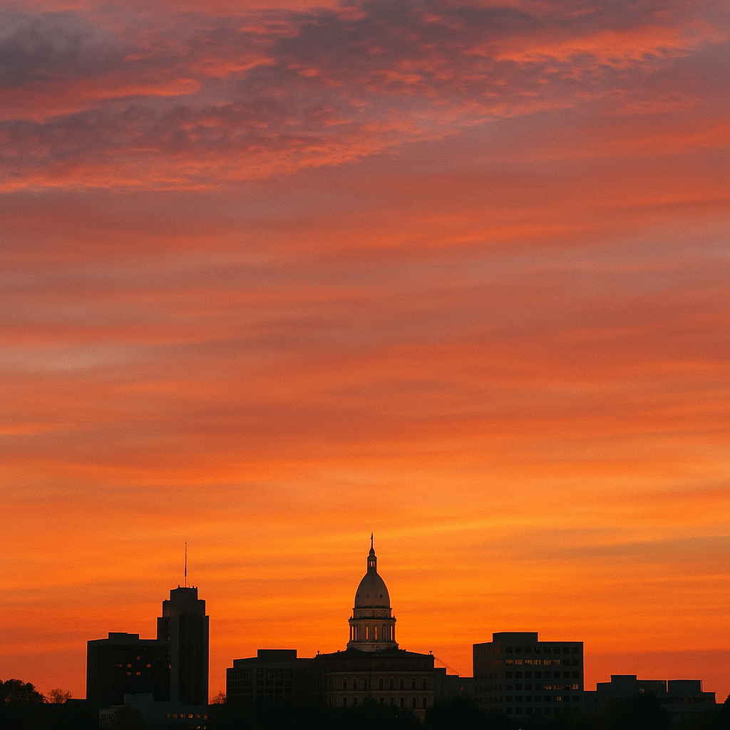 Beautiful sunset view of Michigan State Capitol building and Lansing skyline